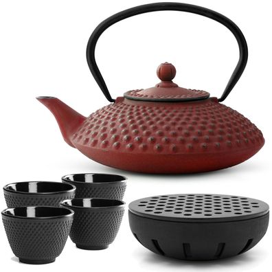 Bredemeijer Teekanne Gusseisen 1,25 L rot Set Teewärmer Becher Edelstahl Teesieb