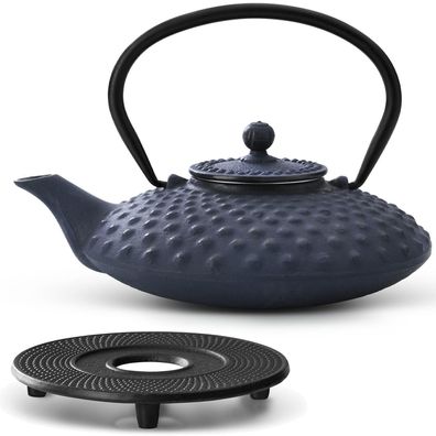 Bredemeijer Teekanne Gusseisen 0,8 L blau Set Untersetzer Edelstahl Teefilter