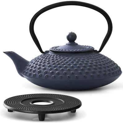 Bredemeijer Guss Teekanne 1250 ml blau Teekannen Set mit Gusseisen Untersetzer & Filt