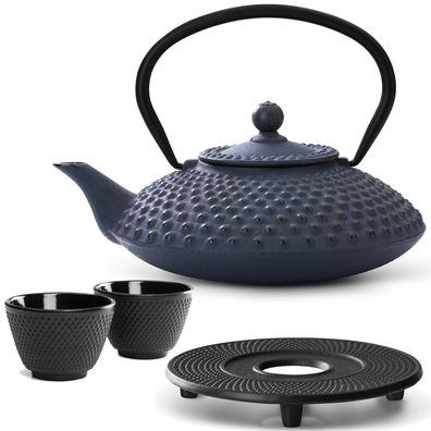 Bredemeijer Teekanne Gusseisen 1,25 L blau Set Untersetzer 2 Becher Teefilter