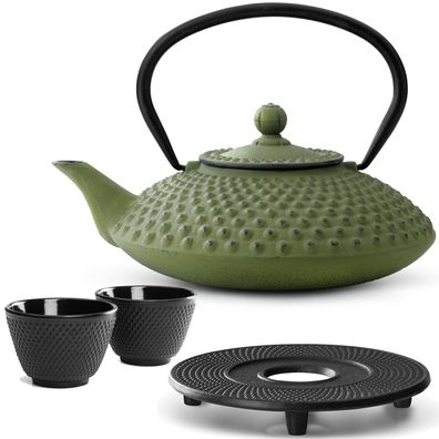 Bredemeijer Teekanne Gusseisen 1,25 L grün Set Untersetzer 2 Becher Teefilter