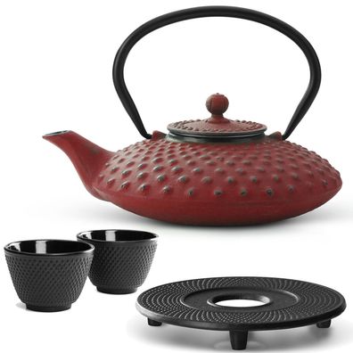 Bredemeijer Guss Teekanne 800 ml rot Teekannen Set mit Gusseisen Untersetzer & 2 Teeb