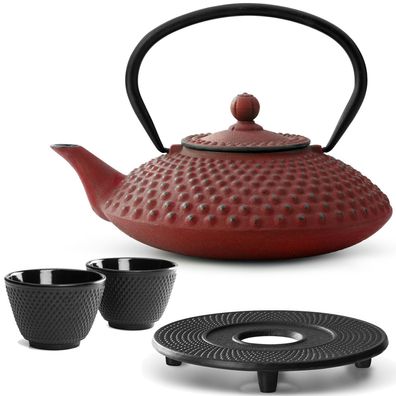 Bredemeijer Teekanne Gusseisen 1,25 L rot Set Untersetzer 2 Becher Teefilter