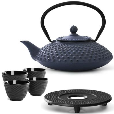 Bredemeijer Teekanne Gusseisen 1,25 L blau Set Untersetzer 4 Becher Teefilter