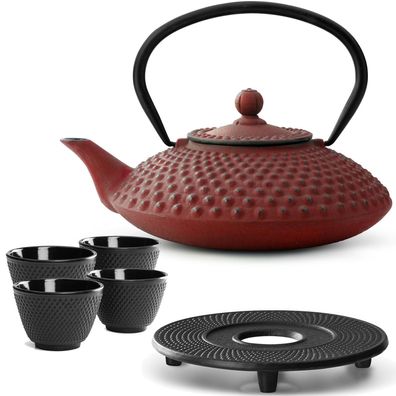 Bredemeijer Teekanne Gusseisen 1,25 L rot Set Untersetzer 4 Becher Teefilter