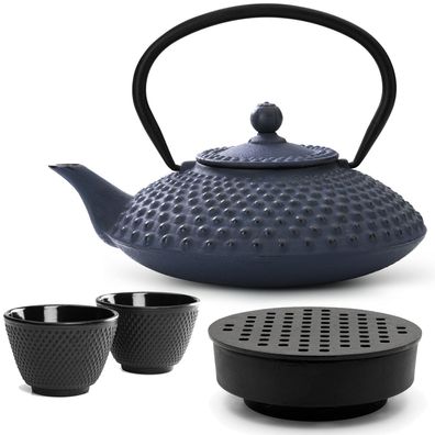 Bredemeijer Teekanne Gusseisen 1,25 L blau Set Stövchen 2 Becher Edelstahlfilter