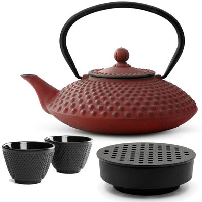 Bredemeijer Teekanne Gusseisen 1,25 L rot Set Stövchen 2 Becher Edelstahlfilter