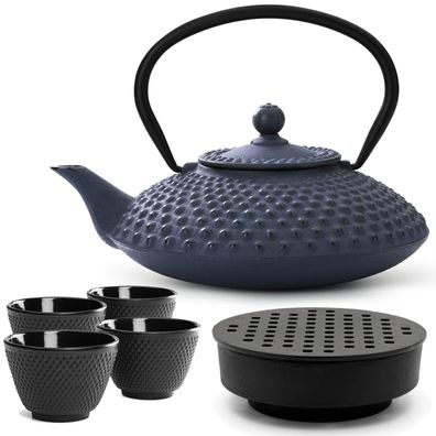 Bredemeijer Teekanne Gusseisen 1,25 L blau Set Stövchen Becher Edelstahl Teesieb