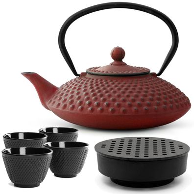 Bredemeijer Teekanne Gusseisen 1,25 L rot Set Stövchen Becher Edelstahl Teesieb