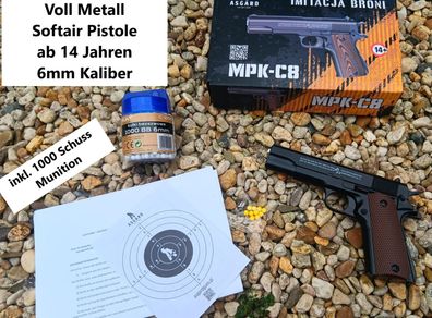 NEU Full Metal Softair Airsoft Pistole C8 Set + 1000 Schuss ab 14 Jahre 0,5J