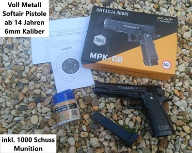 NEU Full Metal Softair Airsoft Pistole C6 Set + 1000 Schuss ab 14 Jahre 0,5J