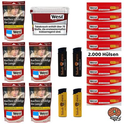 West Red / Rot Tabak Beutel 5x 95g + 1 Eimer à 110g + 2000 Hülsen, Feuerzeuge