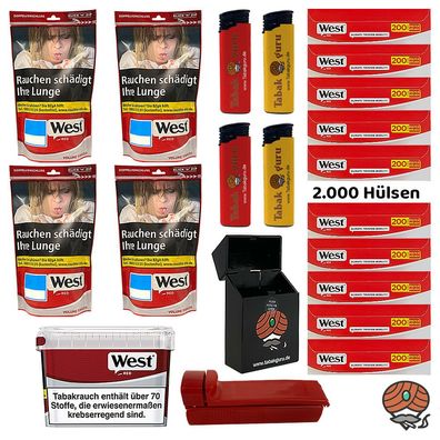 West Red/Rot Tabak Beutel 4x 95g, 1 Mega Box à 110g, Hülsen, Stopfer, Feuerz