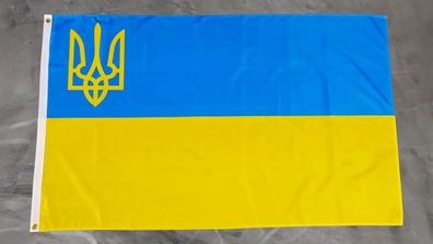 Fahne Flagge Ukraine mit Wappen links - 90 x 150 cm
