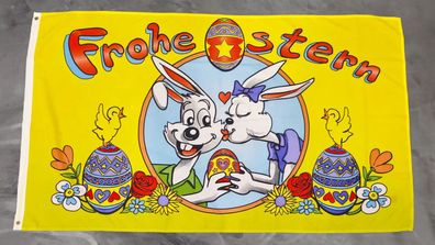 Fahne Flagge Frohe Ostern - Küsschen - weiße Hasen - 90 x 150 cm