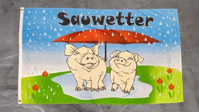 Fahne Flagge Sauwetter - Schweine im Regen - 90 x 150 cm