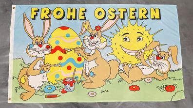 Fahne Flagge Frohe Ostern - Drei Hasen - Osterhasen - 90 x 150 cm
