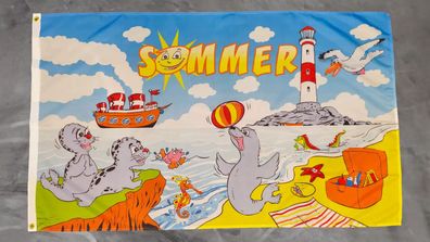 Fahne Flagge Sommer - Seehunde - Leuchtturm - 90 x 150 cm