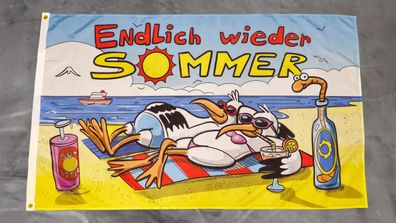 Fahne Flagge Endlich wieder Sommer - Möwen - Regenwurm - 90 x 150 cm