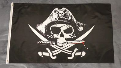 Fahne Flagge Pirat - Totenkopf - blutiges Messer - Säbel - 90 x 150 cm