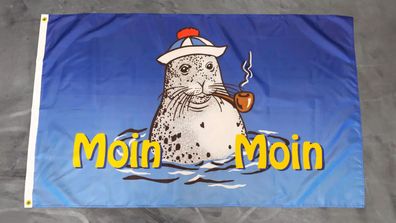 Fahne Flagge Moin Moin Seehund mit Mütze und Pfeife - 90 x 150 cm
