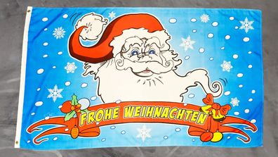 Fahne Flagge Frohe Weihnachten Weihnachtsmann Kopf Blau - 90 x 150 cm