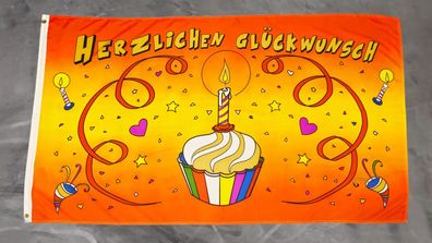 Fahne Flagge Herzlichen Glückwunsch mit Kerze Geburtstag - 90 x 150 cm
