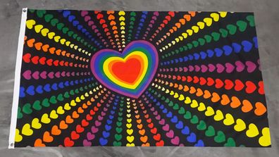 Fahne Flagge Herz Regenbogen Psychedelisch LGBTQ - 90 x 150 cm