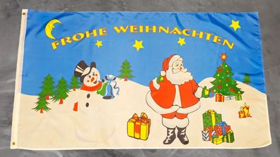 Fahne Flagge Frohe Weihnachten Blau Schneemann - 90 x 150 cm