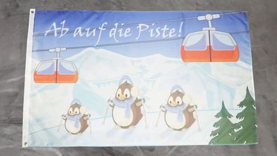 Fahne Flagge Winter Skifahren Berge Ab auf die Piste Pinguine - 90 x 150 cm