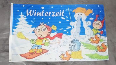 Fahne Flagge Winter Winterzeit Kinder Schnee Schneemann - 90 x 150 cm
