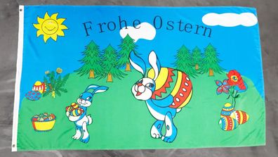 Fahne Flagge Frohe Ostern - Zwei Hasen mit Ei - 90 x 150 cm