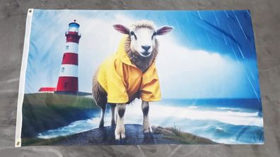 Fahne Flagge Schaf im Regenmantel - Leuchtturm Küste Meer Sturm - 90 x 150 cm