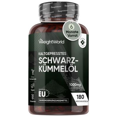 Schwarzkümmelöl kaltgepresst (Nigella sativa) - 180 Vegane kapseln - 6 Monate Vorrat