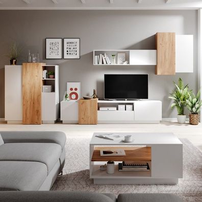 Coma Möbelset für das Wohnzimmer mit Kommode und Bank Eiche Craft gold / weiß matt