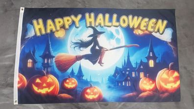 Fahne Flagge Happy Halloween Hexe auf Besen - 90 x 150 cm