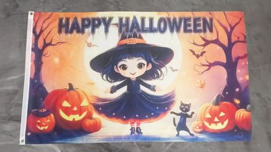 Fahne Flagge Happy Halloween Hexe mit Katze und Kürbissen - 90 x 150 cm