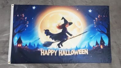 Fahne Flagge Happy Halloween Hexe auf Besen mit Mond - 90 x 150 cm