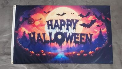 Fahne Flagge Happy Halloween Mond mit Fledermäusen - 90 x 150 cm