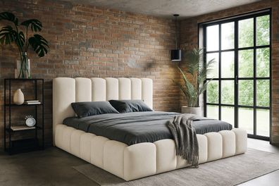 Bett Polsterbett VELORA Metallgestell Lattenrost Stauraum BOUCLE Beige