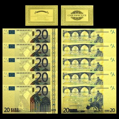 5 x 20 Euro Banknote - vergoldet / Folie + Zertifikat - sehr selten (CM13092561)