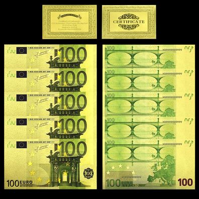 5 x 100 Euro Banknote - vergoldet / Folie + Zertifikat - sehr selten (CM13092562)