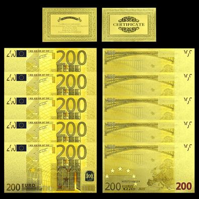 5 x 200 Euro Banknote - vergoldet / Folie + Zertifikat - sehr selten (CM13092564)