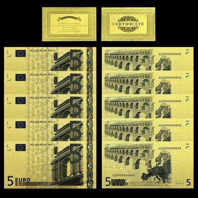 5 x 5 Euro Banknote - vergoldet / Folie + Zertifikat - sehr selten (CM13092566)
