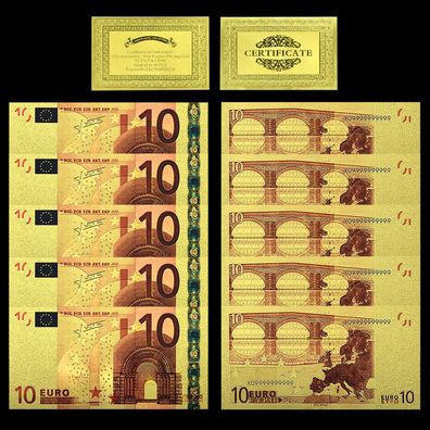 5 x 10 Euro Banknote - vergoldet / Folie + Zertifikat - sehr selten (CM13092567)