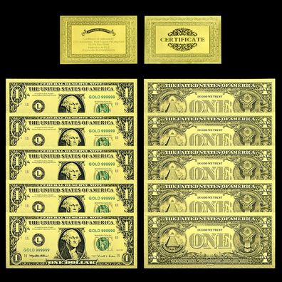 5 x 1 Dollar Banknote - vergoldet / Folie + Zertifikat - sehr selten (CM13092571)
