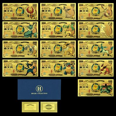 13 Stück Vergoldete Pokemon Karten im Banknoten Design + Zertifikat (P13092580)