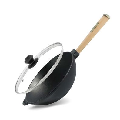 Wok Bratpfanne Ø26 cm 2,8 L aus Gusseisen mit Holzgriff Glasdeckel Asia Wokpfanne
