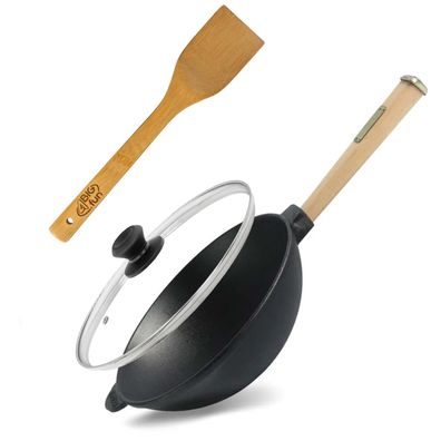 Wok Bratpfanne Ø26 cm 2,8 L aus Gusseisen mit Holzgriff Glasdeckel Asia Wokpfanne