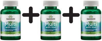 3 x Swanson Century Formula, Multi-Vitamin & Mineral with Iron - 130 tabs